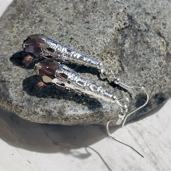 Handcrafted Caged Filigree Faceted Purple Crystal Silver Teardrop Earrings - Picture 3 of 8
